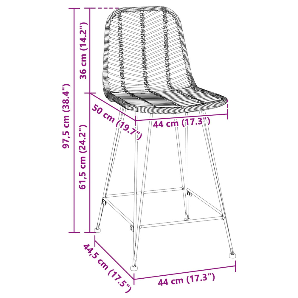Produktbild för Barstol 2 pcs 44,5 x 54,5 x 97,5 cm Rattan och Järn