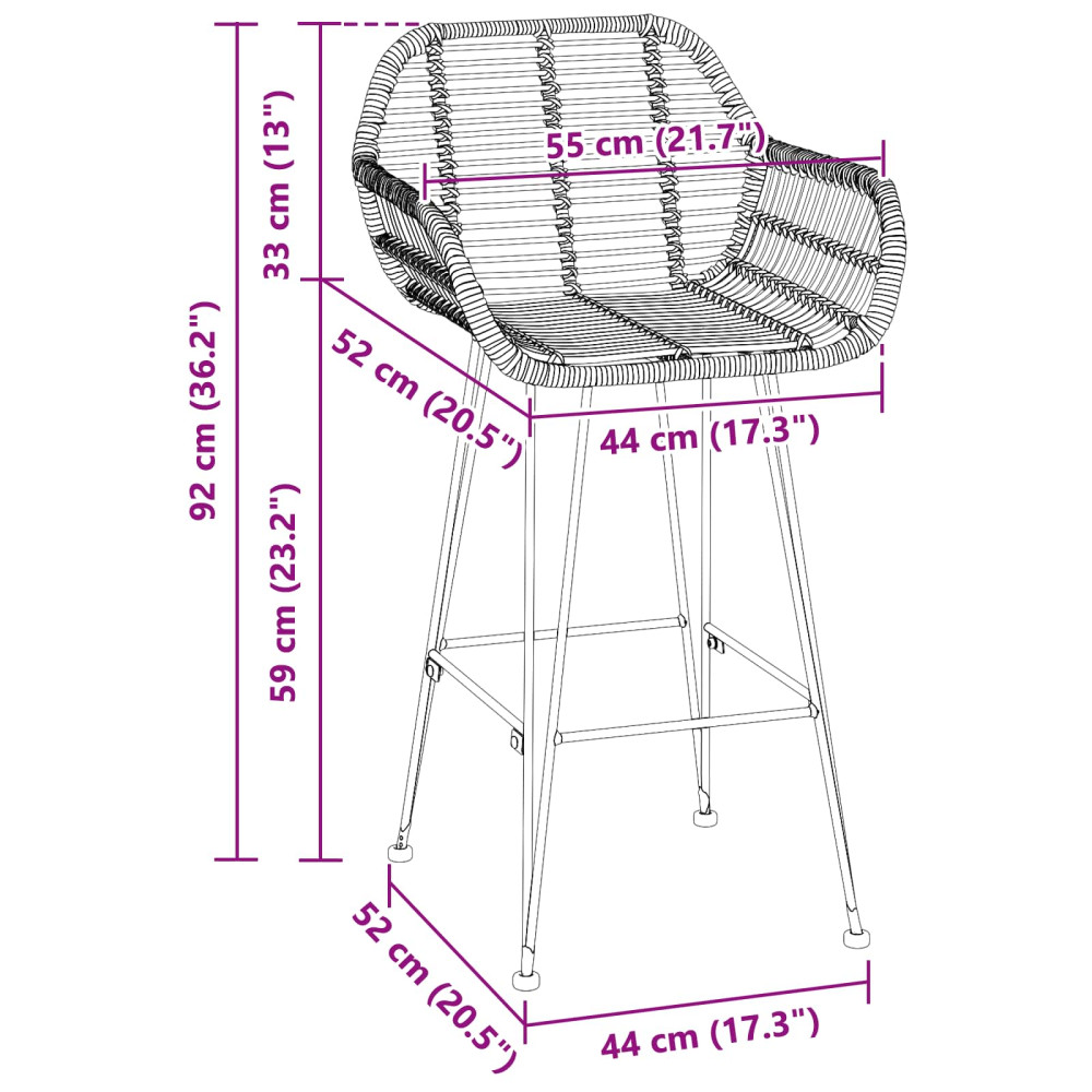 Produktbild för Barstol 2 pcs 55 x 52 x 92 cm Rattan och Järn