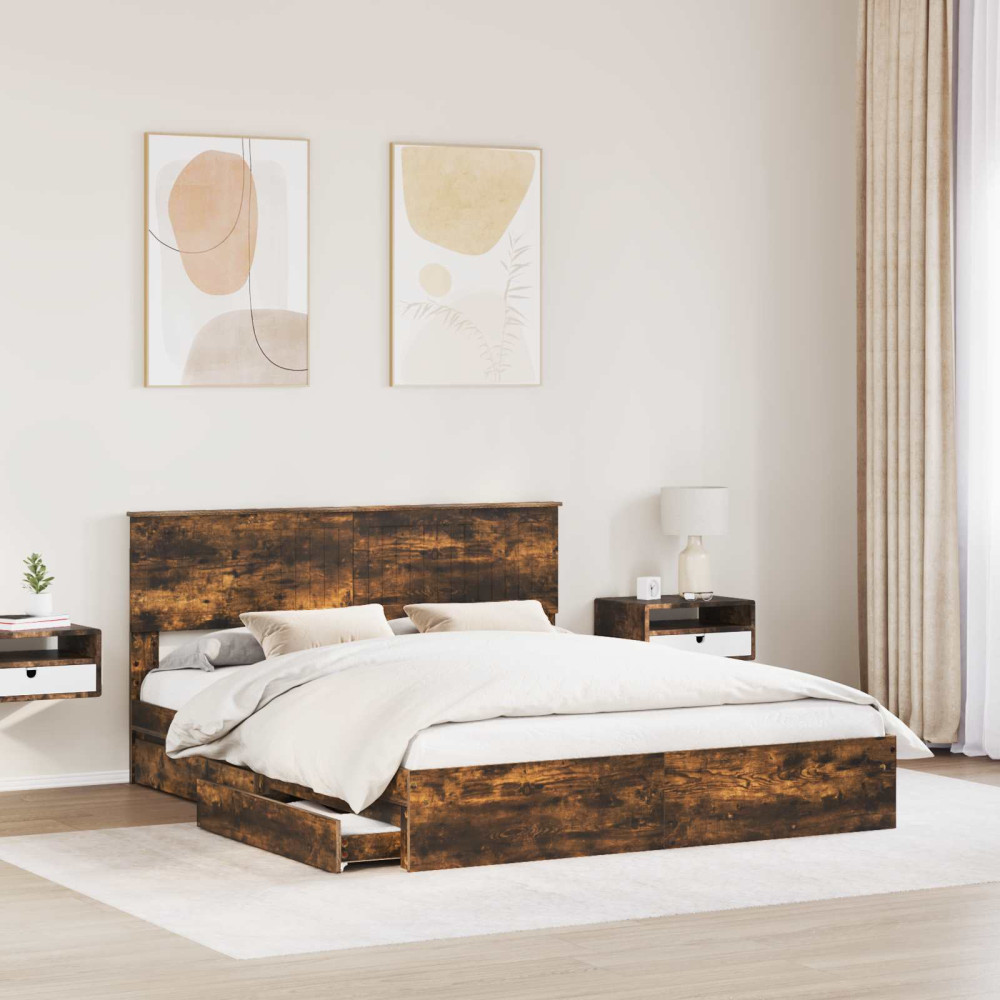 Produktbild för Förvaringssäng med låda Rökt ek 160 x 200 cm Konstruerat trä