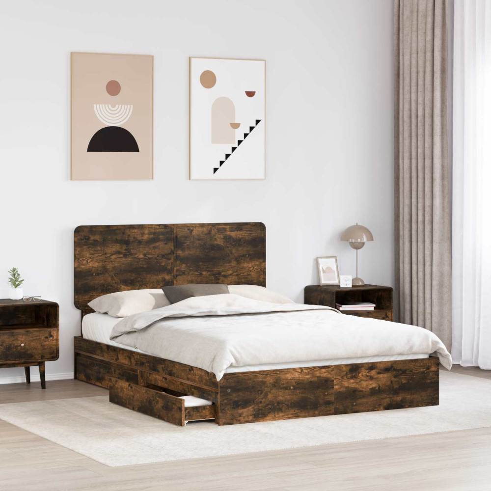 Produktbild för Förvaringssäng med låda Rökt ek 160 x 200 cm Konstruerat trä