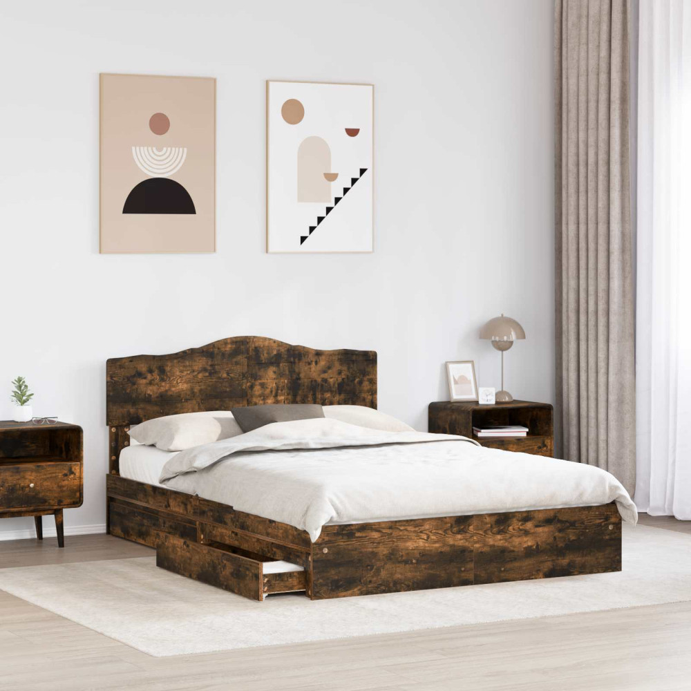 Produktbild för Förvaringssäng med låda Rökt ek 160 x 200 cm Konstruerat trä