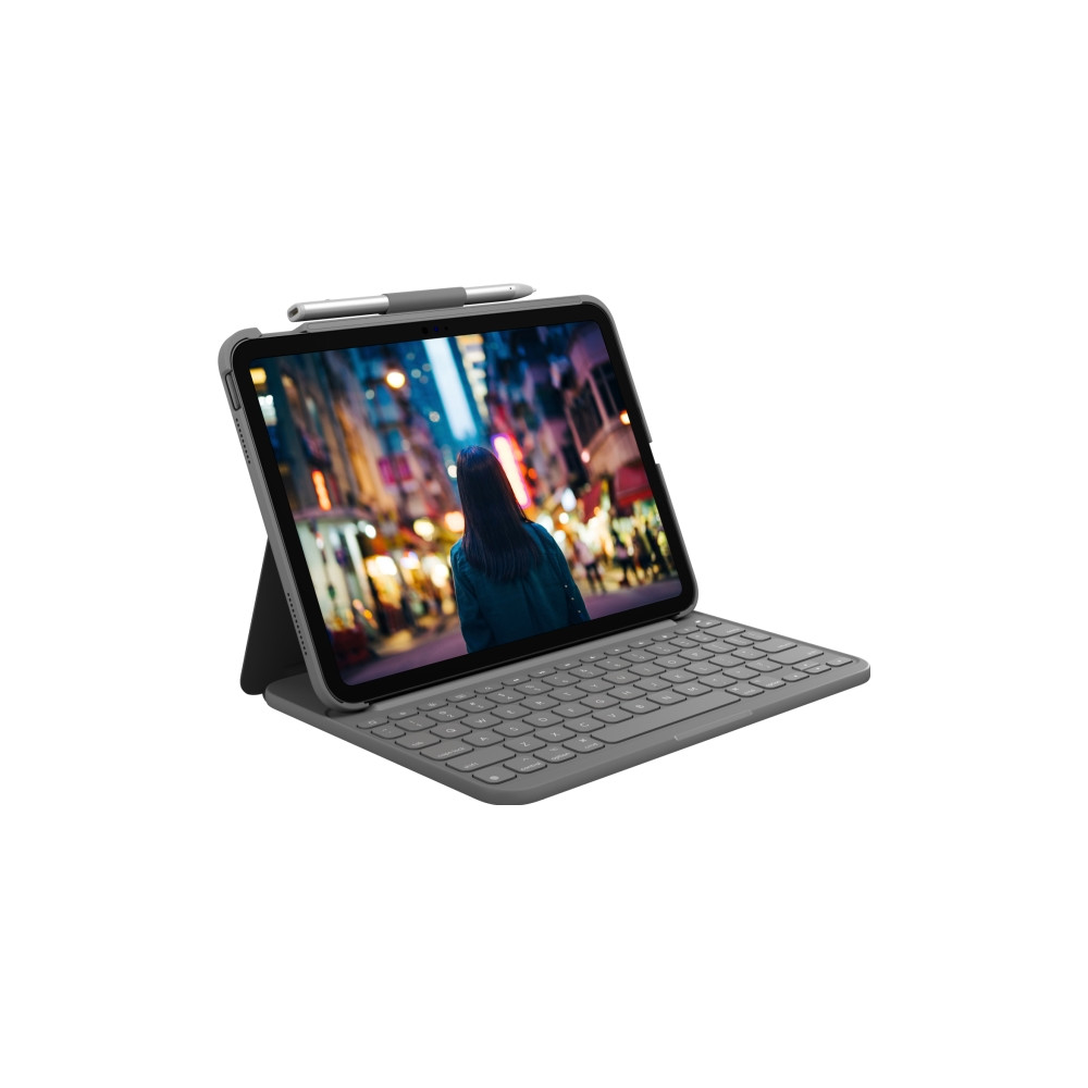 Produktbild för Logitech Slim Folio - tangentbord och foliefodral - QWERTY - nordiskt (danska/finska/norska/svenska) - oxford-grå Inmatningsenhet