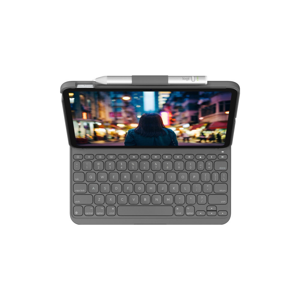 Produktbild för Logitech Slim Folio - tangentbord och foliefodral - QWERTY - nordiskt (danska/finska/norska/svenska) - oxford-grå Inmatningsenhet