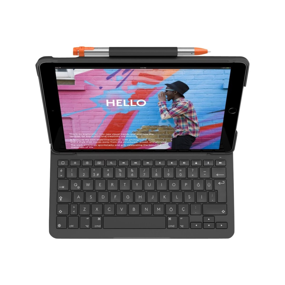 Produktbild för Logitech Slim Folio - tangentbord och foliefodral - QWERTY - nordiskt (danska/finska/norska/svenska) - oxford-grå Inmatningsenhet