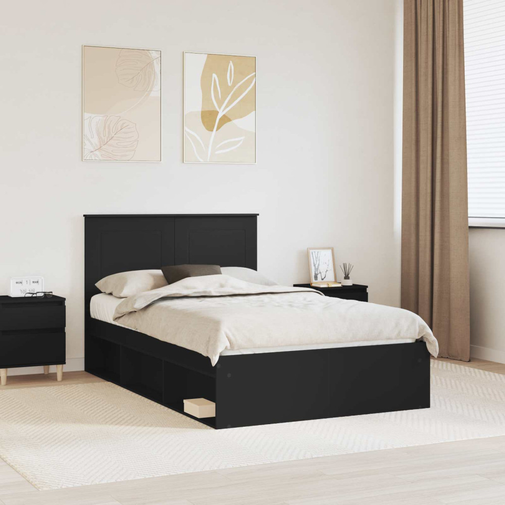Produktbild för Sängram med huvudgavel med låda Svart 135 x 190 cm Massiv furu