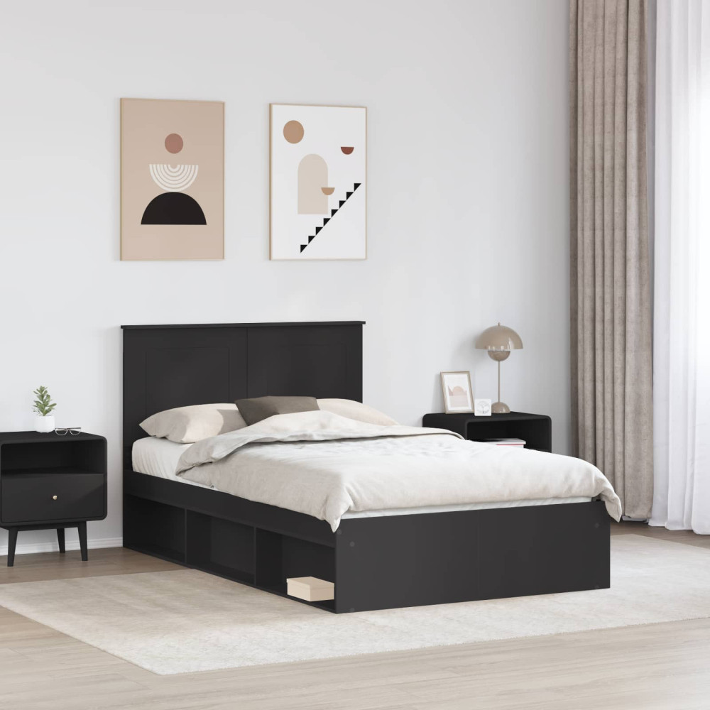 Produktbild för Sängram med huvudgavel med låda Svart 135 x 190 cm Massiv furu