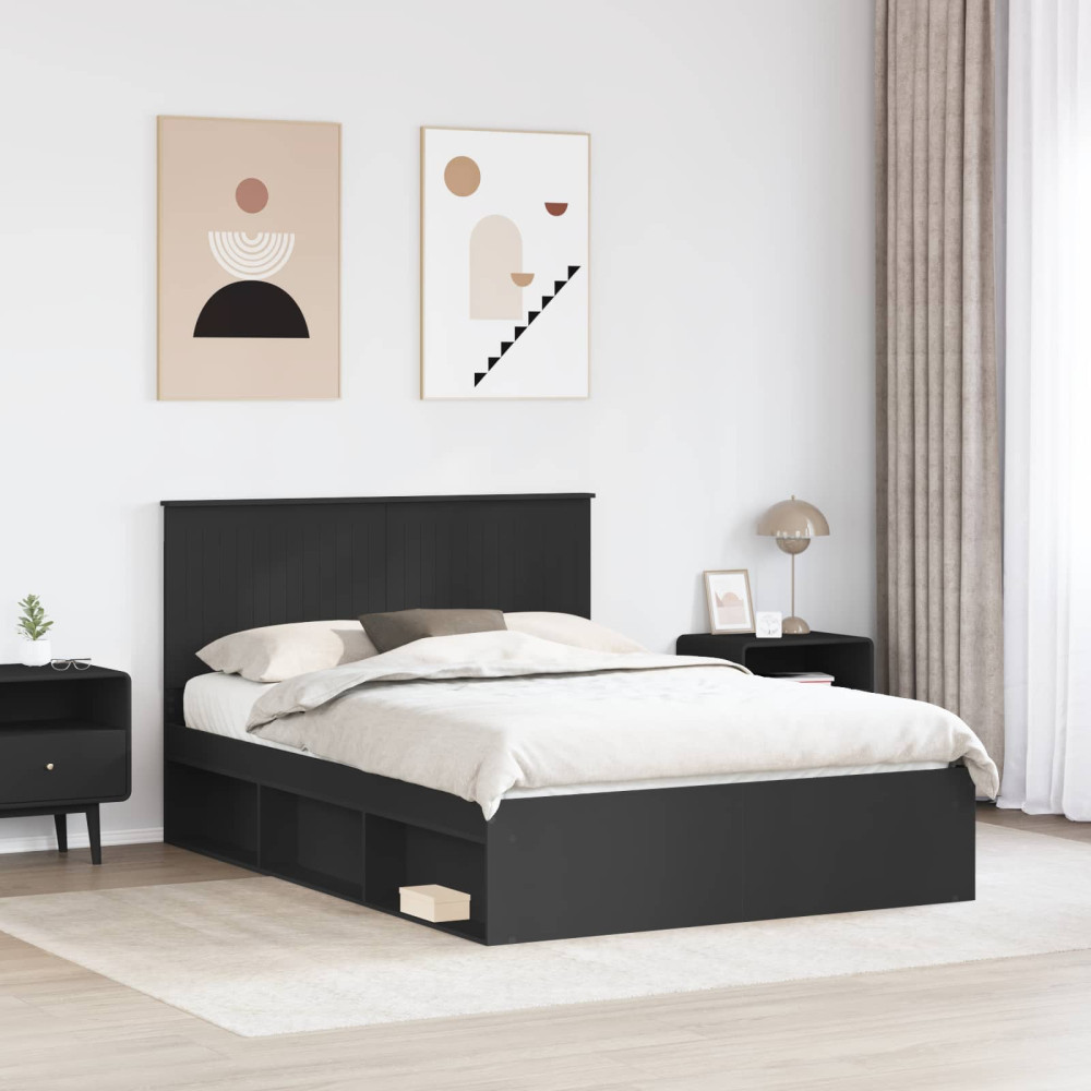 Produktbild för Sängram med huvudgavel Svart 135 x 190 cm Massiv furu