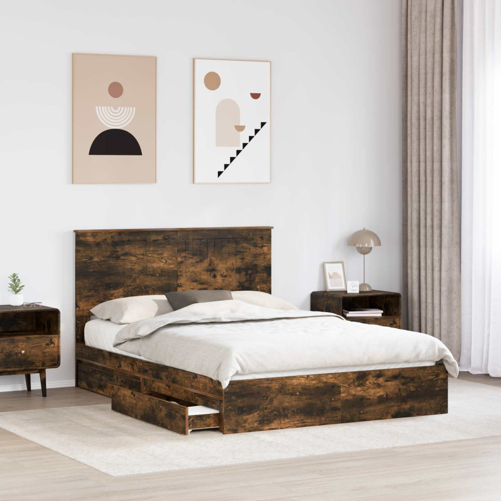 Produktbild för Förvaringssäng med låda Rökt ek 135 x 190 cm Konstruerat trä
