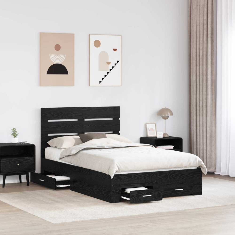 Produktbild för Sängram med låda Svart Ek 135 x 190 cm Konstruerat trä