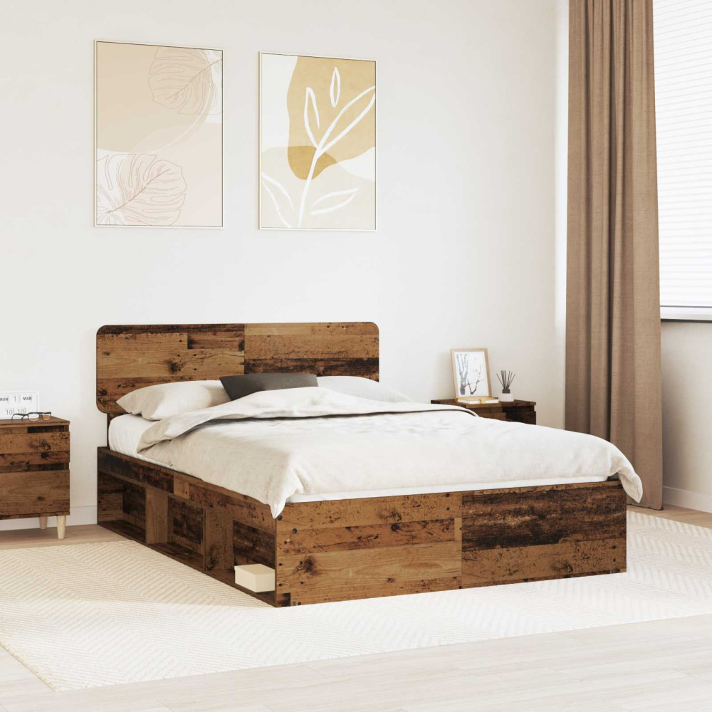 Produktbild för Sängram med huvudgavel Gammalt trä 150 x 200 cm Massiv furu