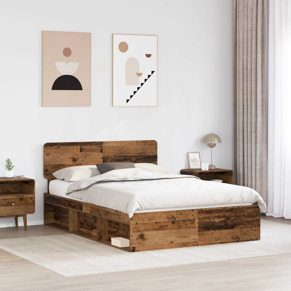 Produktbild för Sängram med huvudgavel Gammalt trä 150 x 200 cm Massiv furu