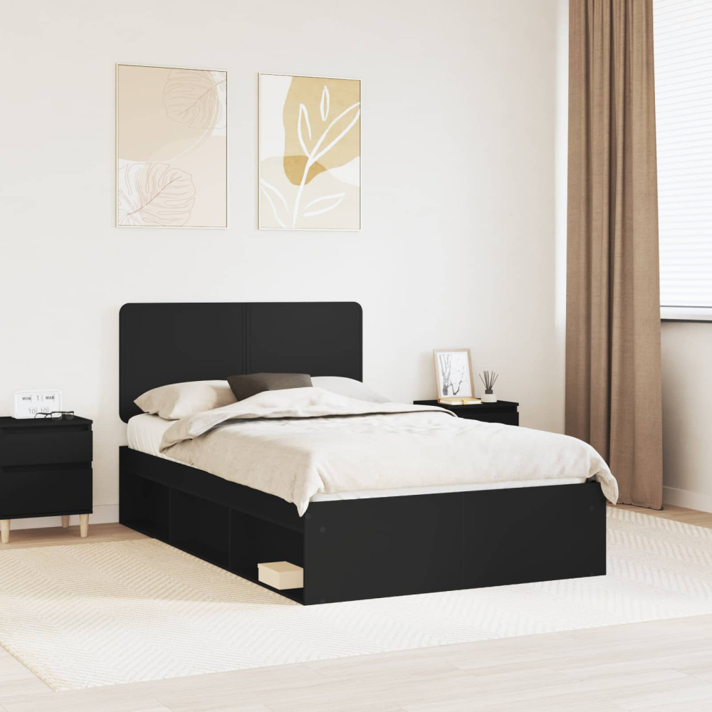 Produktbild för Sängram med huvudgavel Svart 135 x 190 cm Massiv furu