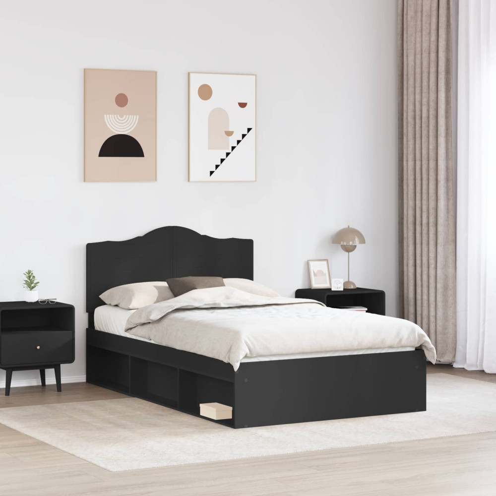 Produktbild för Sängram med huvudgavel Svart 135 x 190 cm Massiv furu