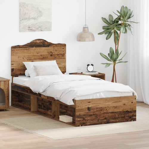 vidaXL Sängram med huvudgavel Gammalt trä 90 x 200 cm Massiv furu