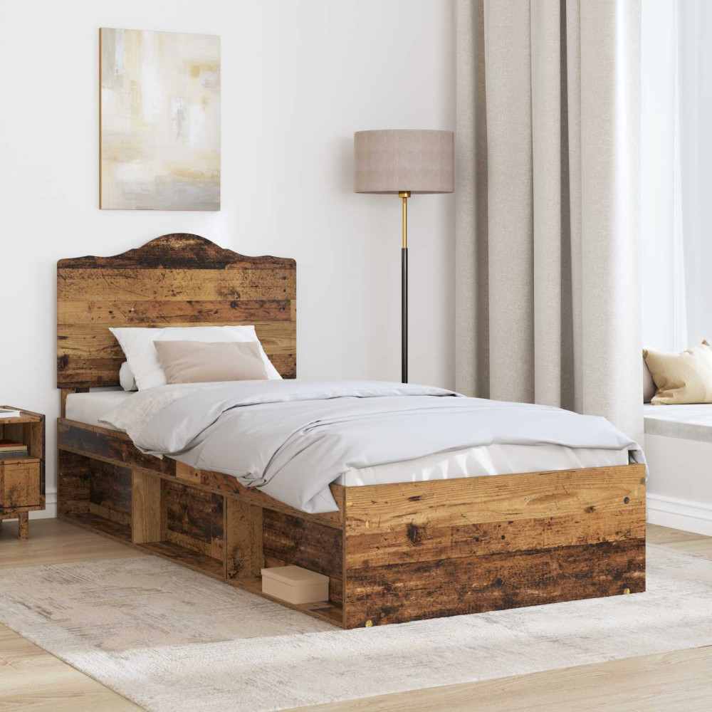 Produktbild för Sängram med huvudgavel Gammalt trä 90 x 190 cm Massiv furu
