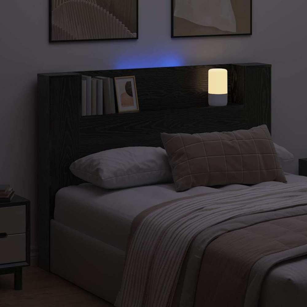 Produktbild för Sänggavel med förvaring och LED Svart ek Konstruerat trä