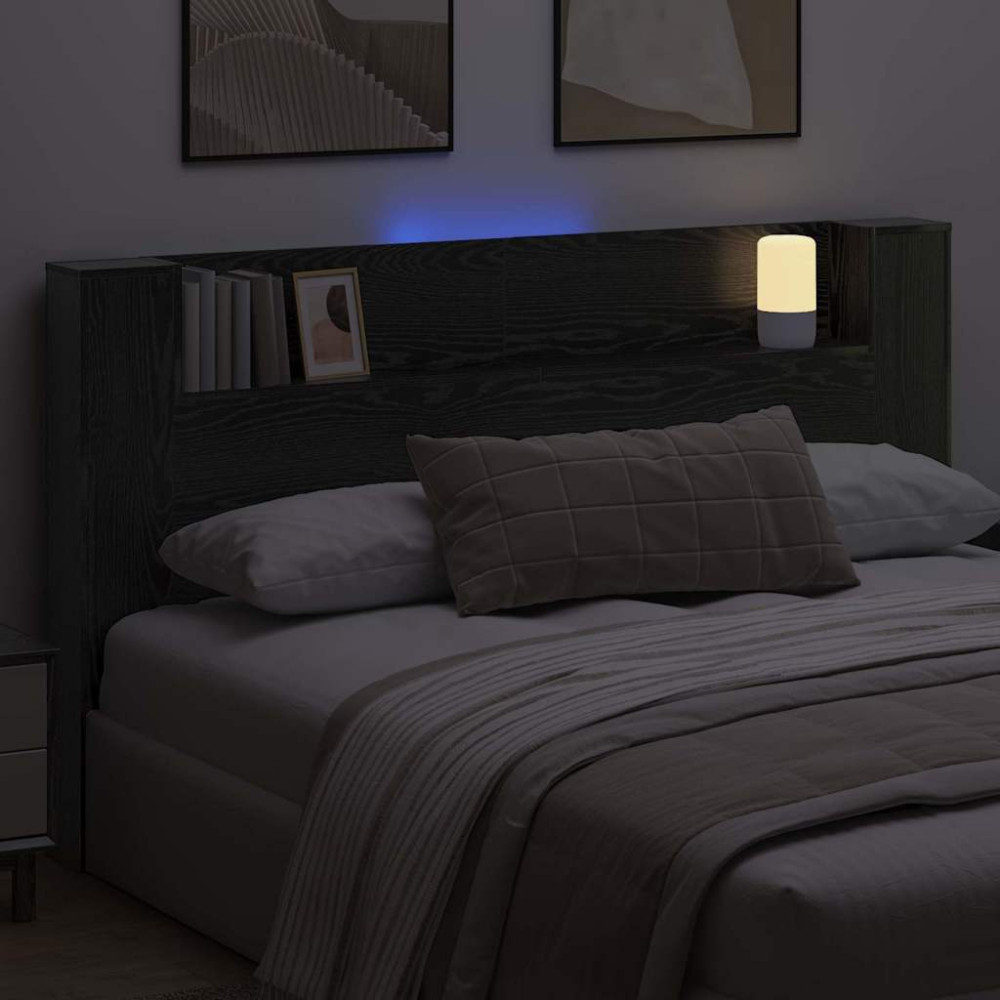 Produktbild för Sänggavel med förvaring och LED Svart ek Konstruerat trä