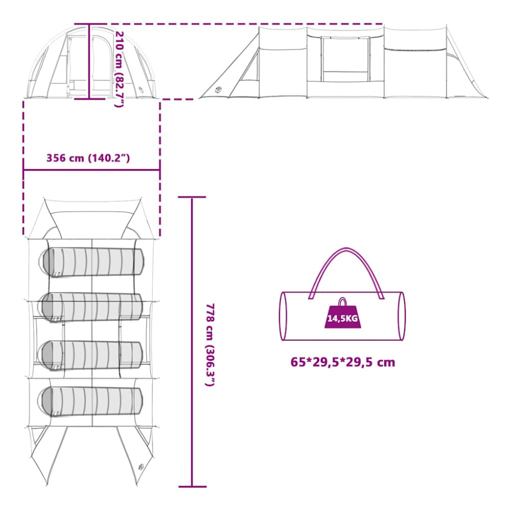 Produktbild för Tunnel Tält 4-Personer med tak Grön och Vit 778 x 356 x 210 cm