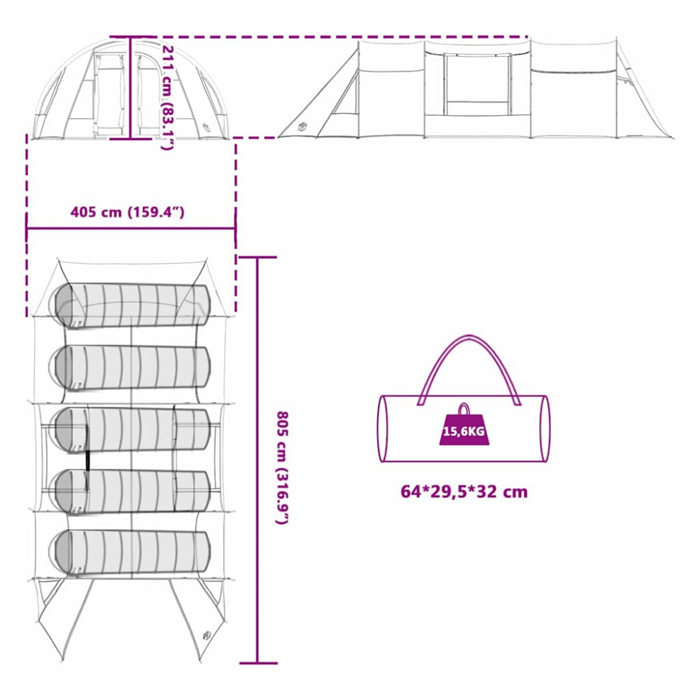 Produktbild för Tunnel Tält 5-Personer Grå och orange 805 x 405 x 211 cm
