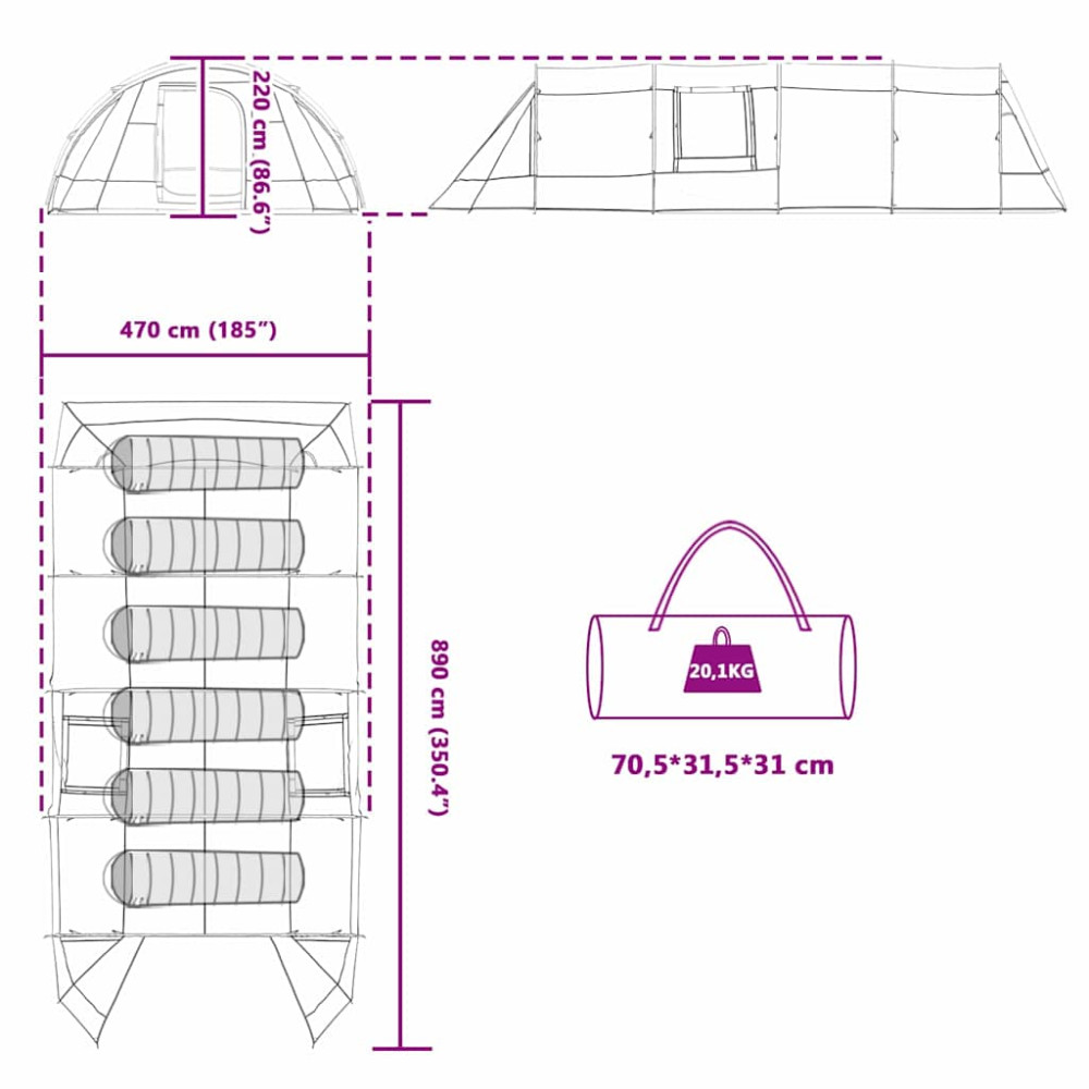 Produktbild för Tunnel Tent 6-Person med tak Grå och orange 890 x 470 x 220 cm