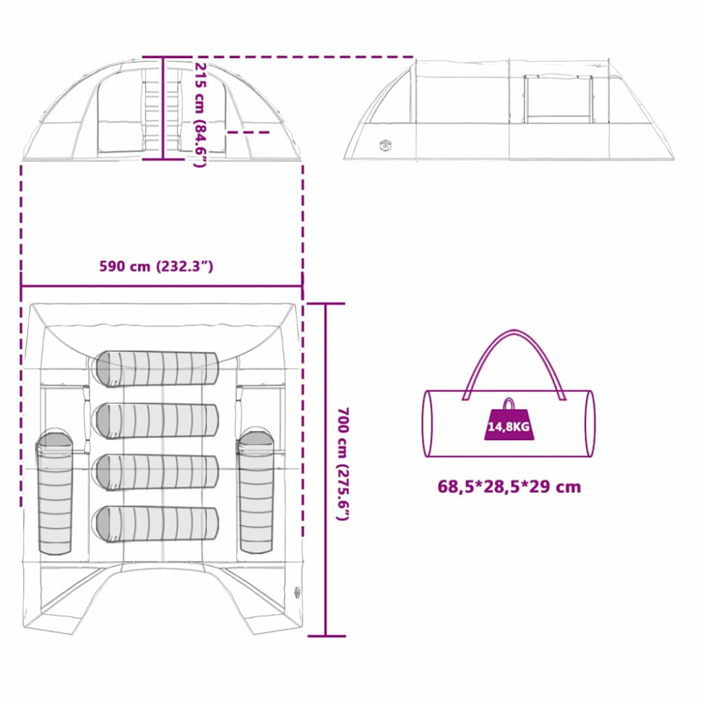 Produktbild för Tunnel tält för 6 personer Grå och orange 700 x 590 x 215 cm