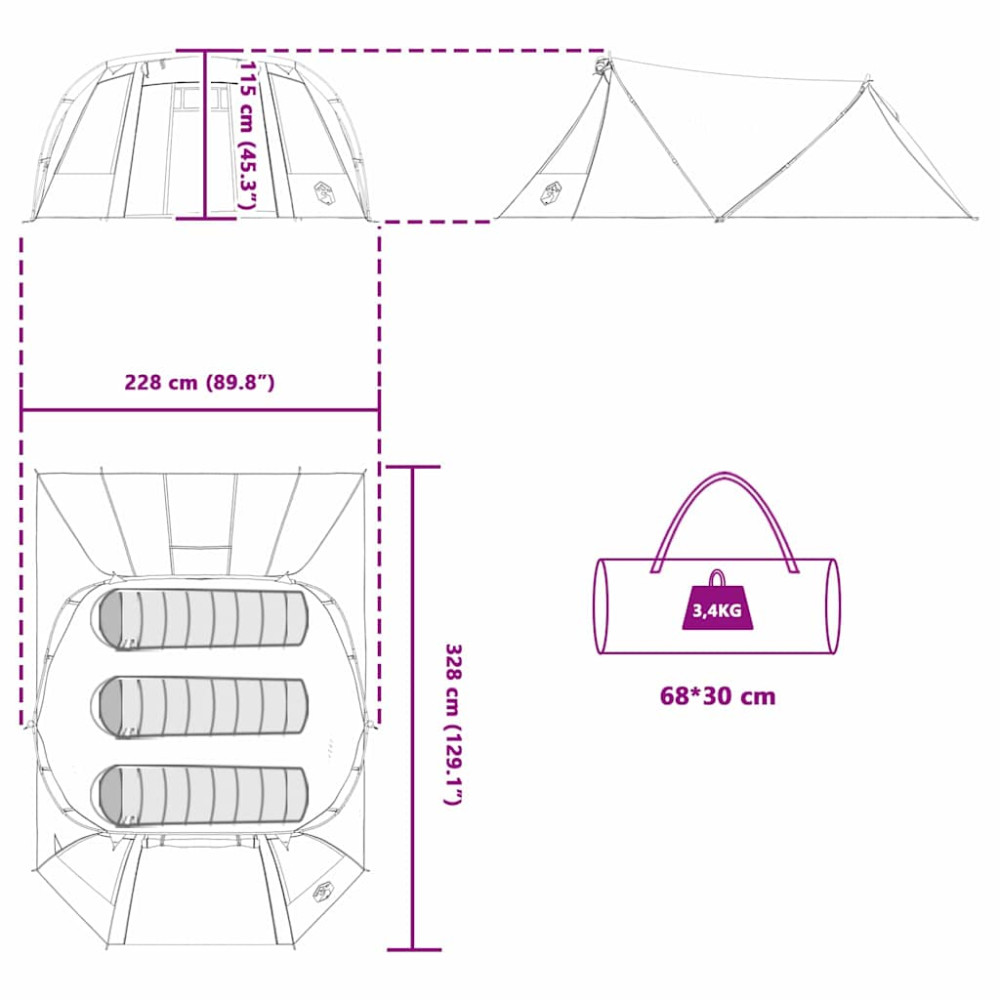 Produktbild för Tunnel Tent 3-Person med tak Blå och grå 328 x 228 x 115 cm