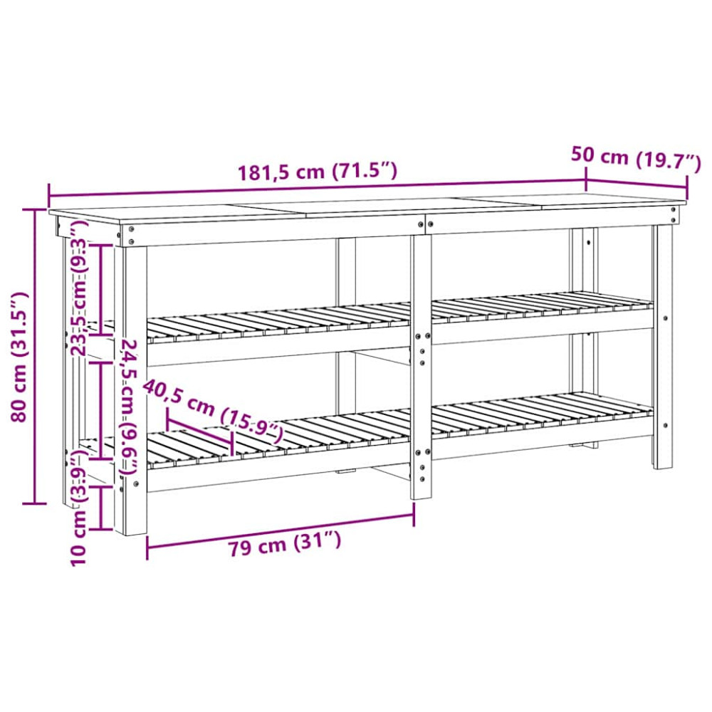 Produktbild för Arbetsbänk med hylla Vaxbrun 181,5 x 50 x 80 cm Massiv furu