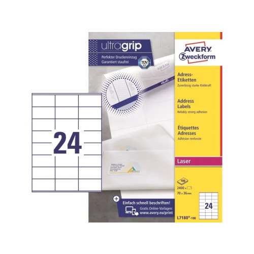 AVERY Avery L7180 - adresslappar - 2400 etikett (er) - 70 x 36 mm