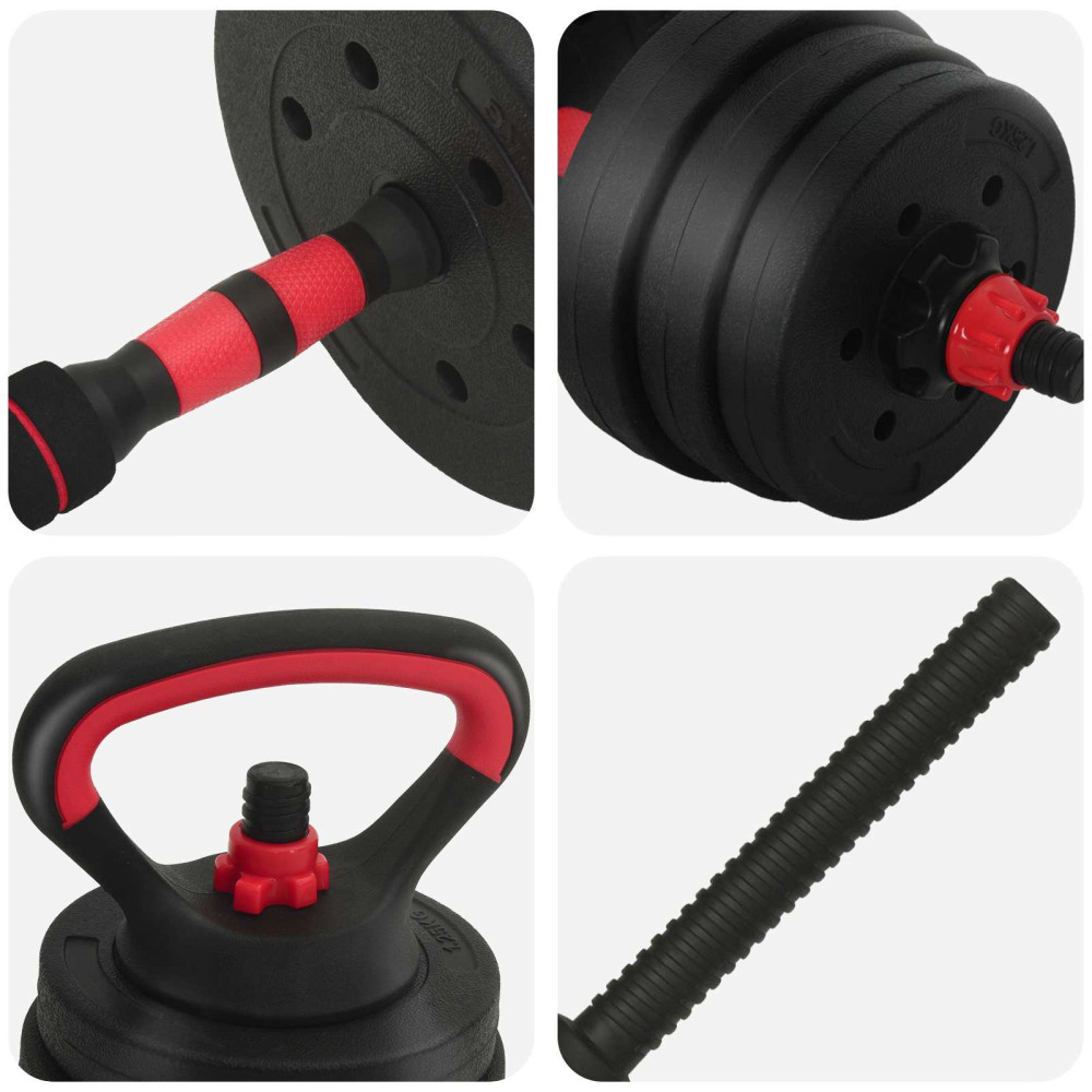 Produktbild för 4-i-1 hantel, stång och kettlebell-set 20 kg Svart och Röd