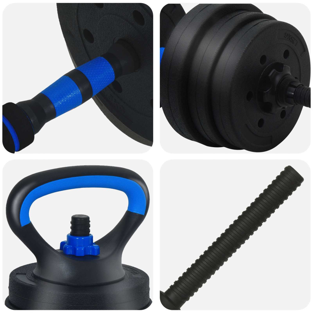 Produktbild för 4-i-1 Hantel Skivstång Kettlebell Set 20 kg Svart och blå