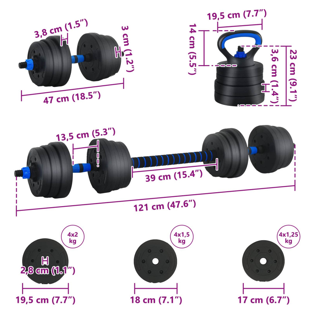 Produktbild för 4-i-1 Hantel Skivstång Kettlebell Set 20 kg Svart och blå