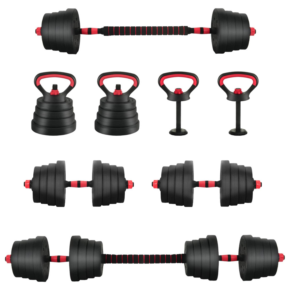 Produktbild för 4-i-1 Hantel Skivstång Kettlebell Set 30 kg Svart och Röd