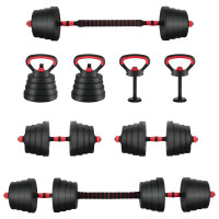 Produktbild för 4-i-1 Hantel Skivstång Kettlebell Set 30 kg Svart och Röd
