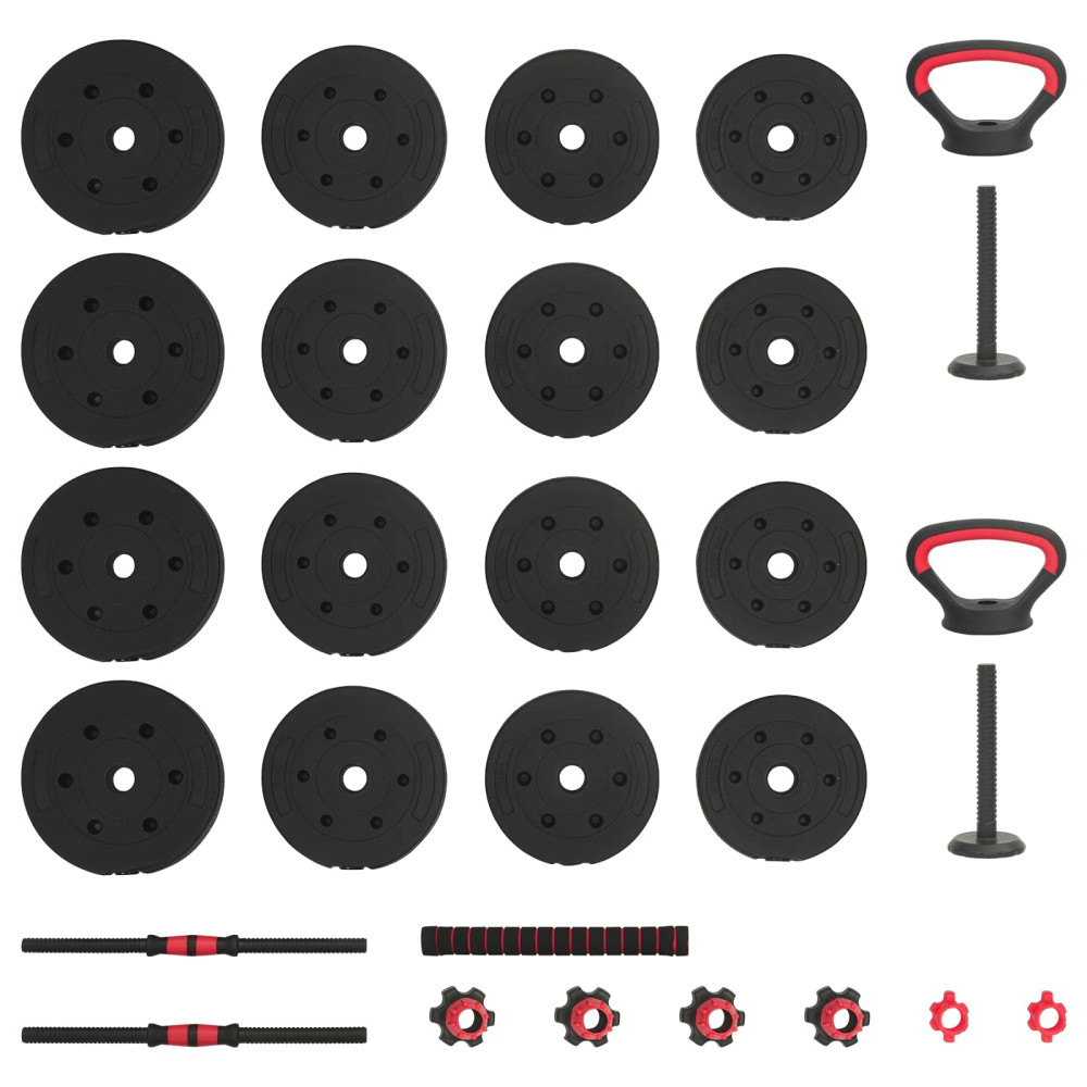 Produktbild för 4-i-1 Hantel Skivstång Kettlebell Set 30 kg Svart och Röd