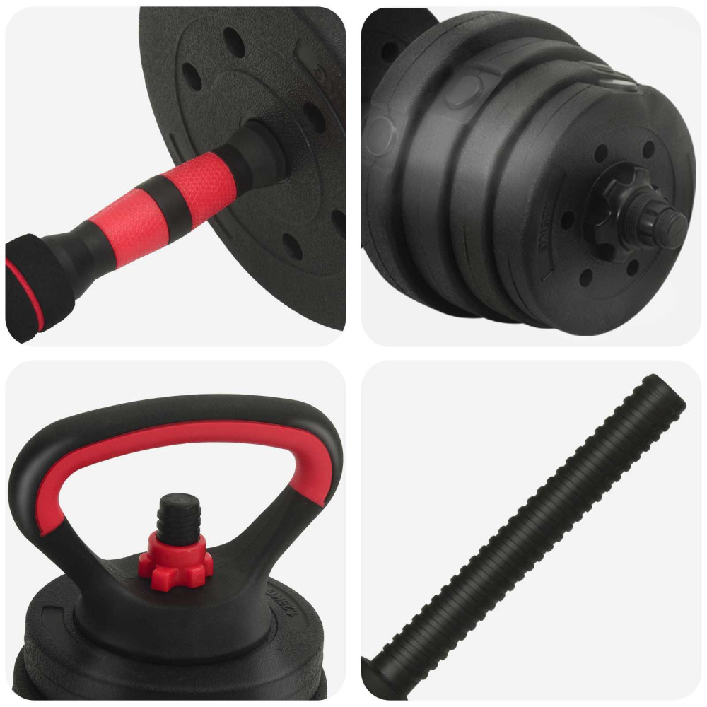 Produktbild för 4-i-1 Hantel Skivstång Kettlebell Set 30 kg Svart och Röd