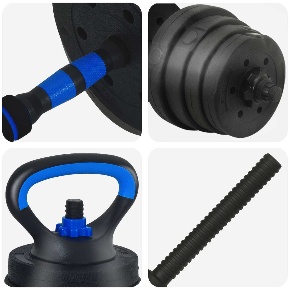 Produktbild för 4-i-1 Hantel Skivstång Kettlebell Set 30 kg Svart och blå