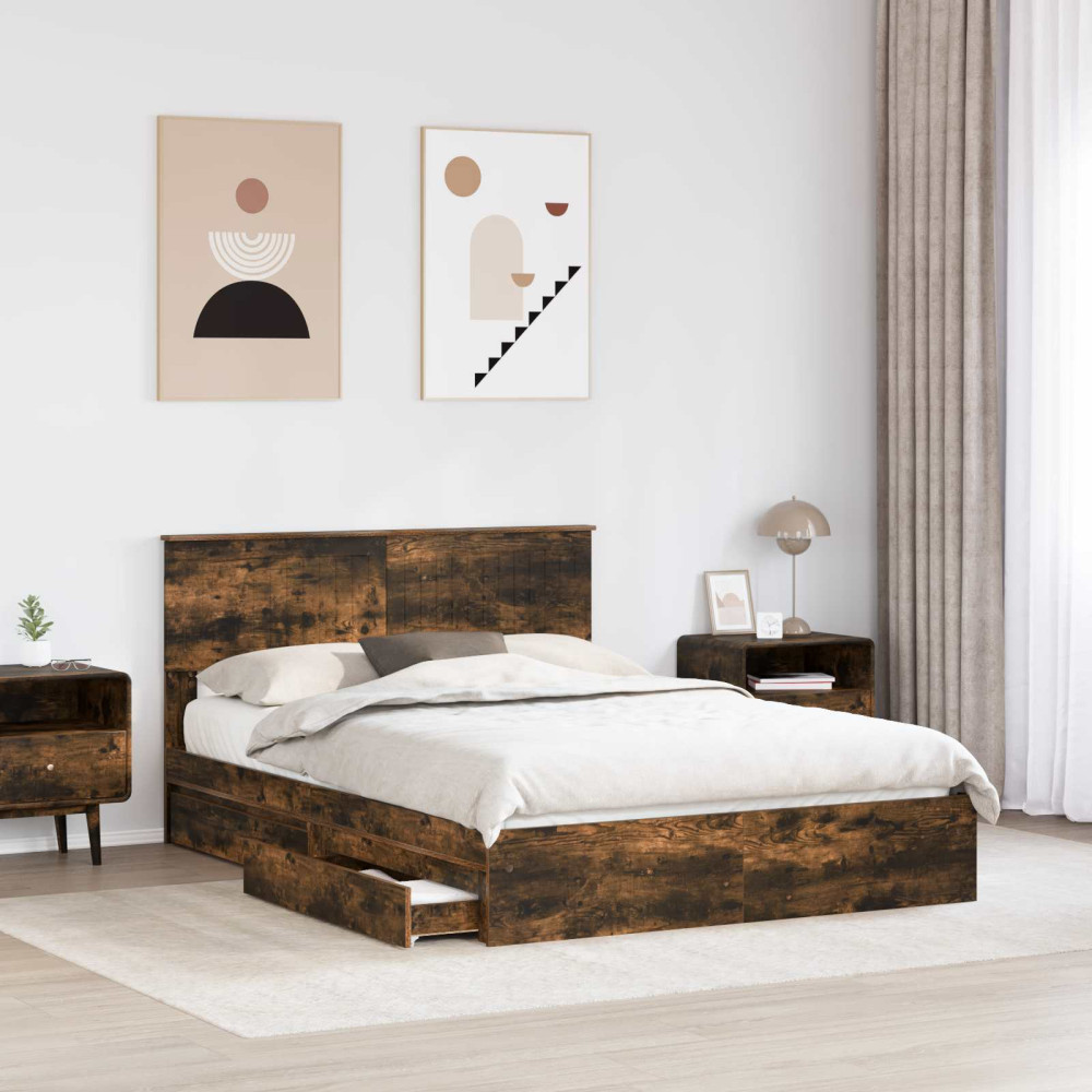Produktbild för Förvaringssäng med låda Rökt ek 135 x 190 cm Konstruerat trä