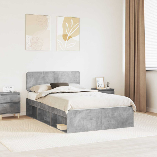 vidaXL Sängram med huvudgavel Betonggrå 135 x 190 cm Massiv furu