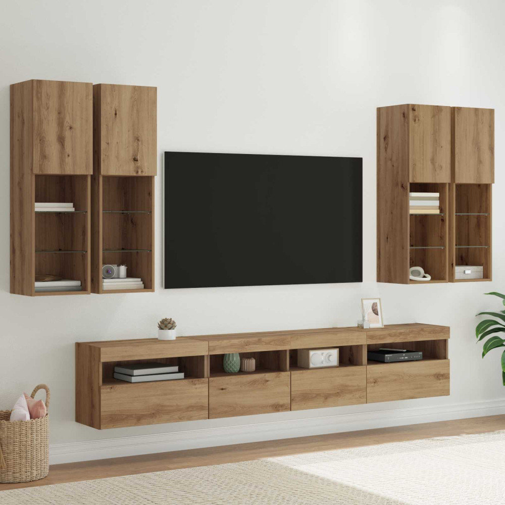 Produktbild för TV-väggskåpsset med LED-lampor 7 pcs artisan ek Konstruerat trä