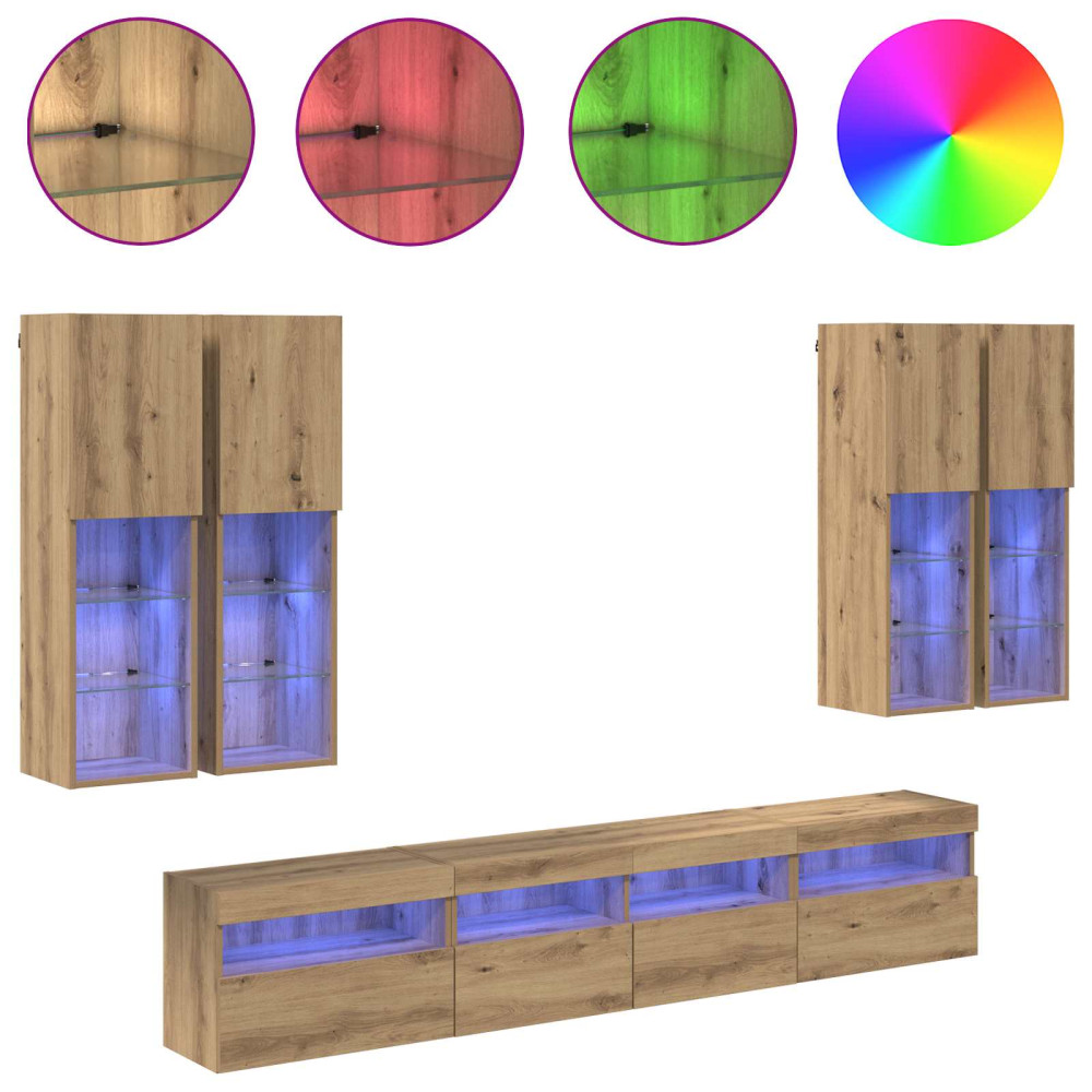 Produktbild för TV-väggskåpsset med LED-lampor 7 pcs artisan ek Konstruerat trä
