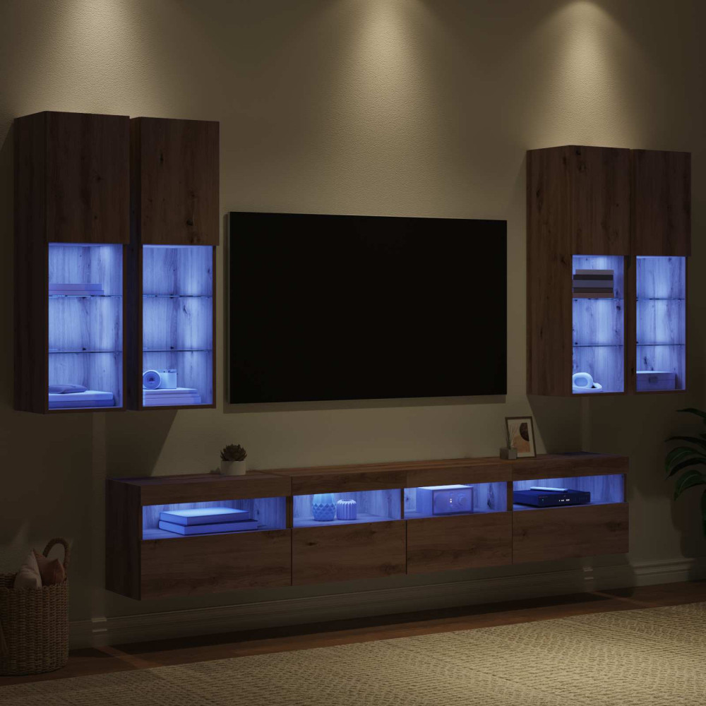 Produktbild för TV-väggskåpsset med LED-lampor 7 pcs artisan ek Konstruerat trä