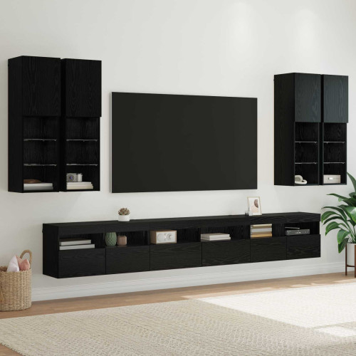vidaXL TV väggskåp set Väggmonterad 7 pcs Svart Ek Konstruerat trä