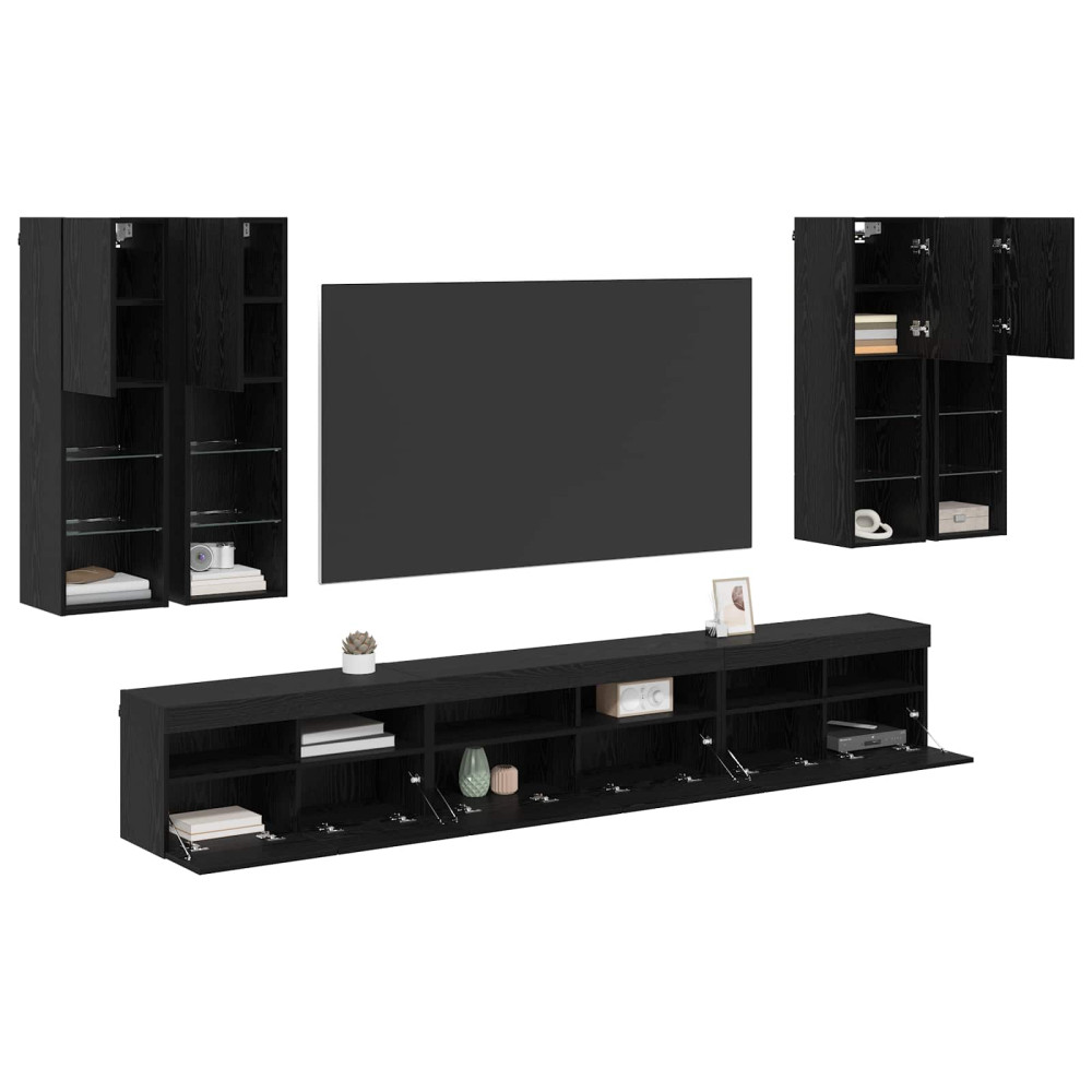 Produktbild för TV väggskåp set Väggmonterad 7 pcs Svart Ek Konstruerat trä