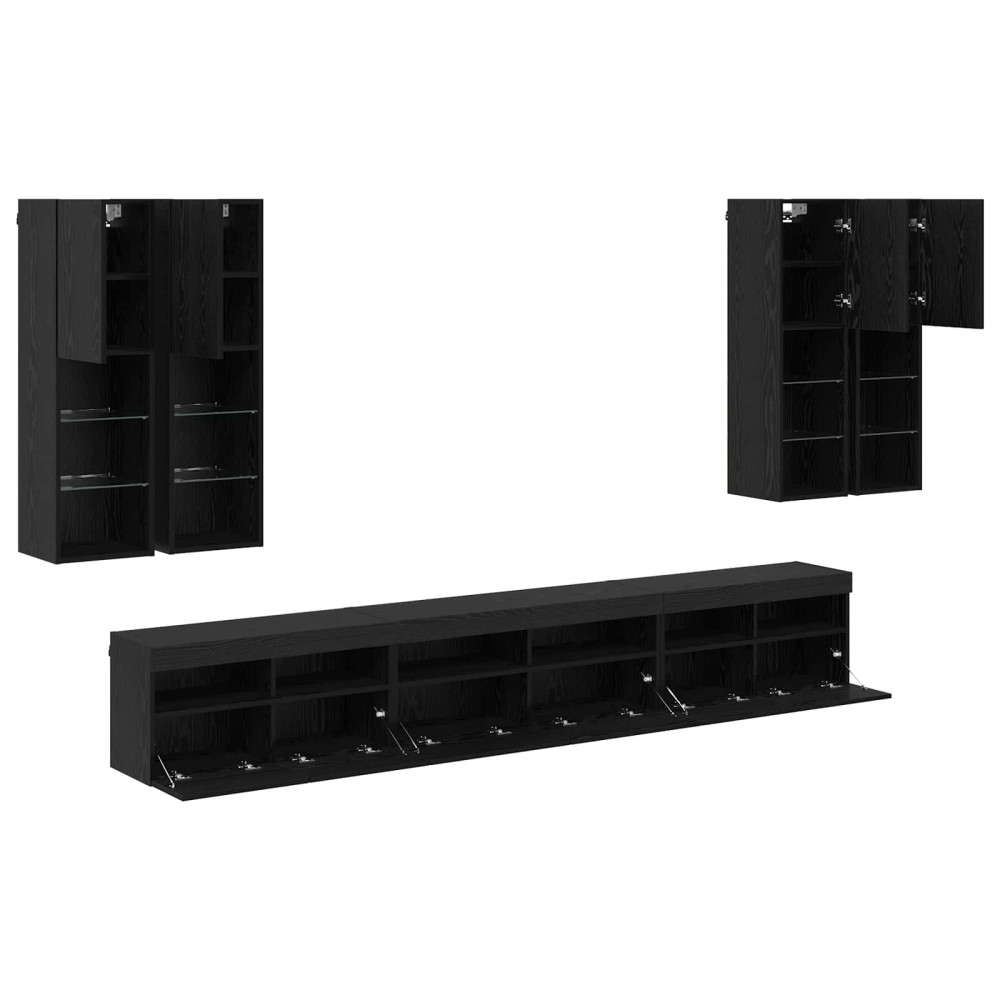 Produktbild för TV väggskåp set Väggmonterad 7 pcs Svart Ek Konstruerat trä