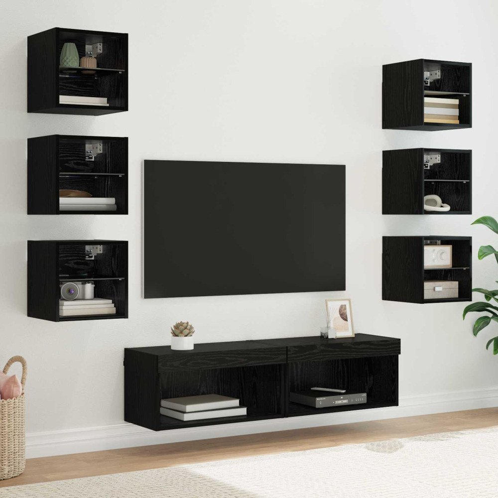 Produktbild för TV-skåp med LED -remsljus med låda 8 pcs Svart Ek Glas
