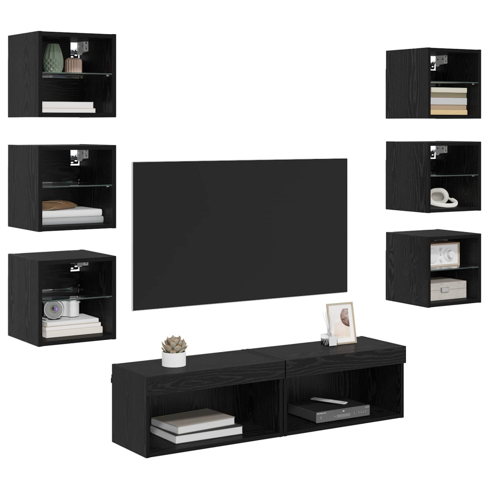 Produktbild för TV-skåp med LED -remsljus med låda 8 pcs Svart Ek Glas