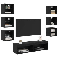 Produktbild för TV-skåp med LED -remsljus med låda 8 pcs Svart Ek Glas