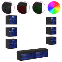 Produktbild för TV-skåp med LED -remsljus med låda 8 pcs Svart Ek Glas