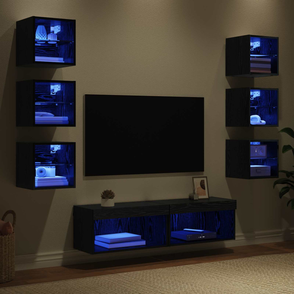 Produktbild för TV-skåp med LED -remsljus med låda 8 pcs Svart Ek Glas