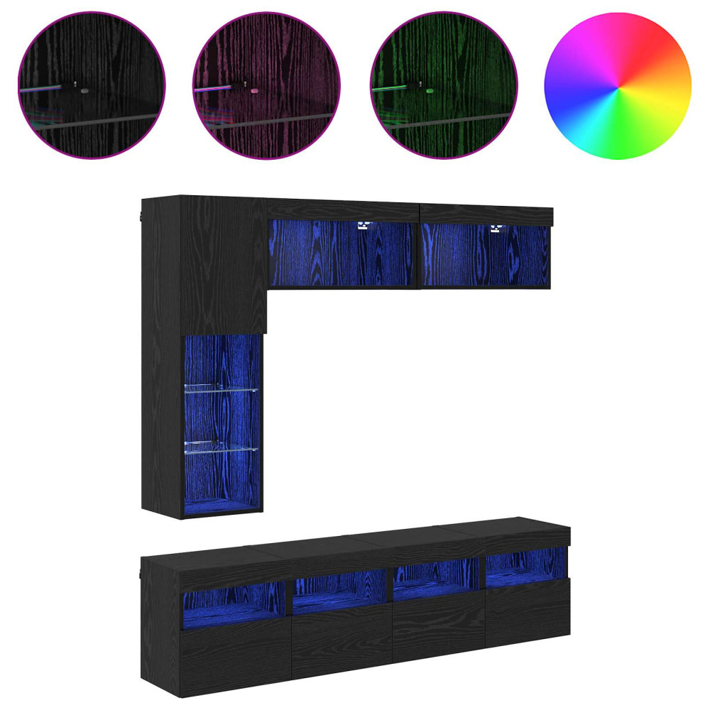Produktbild för TV-skåp med led Väggmonterad 7 pcs Svart Ek Konstruerat trä